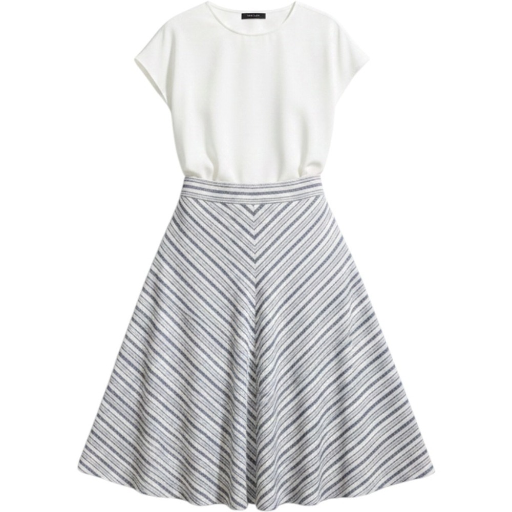 For Cynthia Women's Large Blue White Chevron Stripe Linen Blend A-Line Skirt